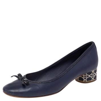 Pre Owned Dior Blue Leather Bow Detail Cannage Heel Pumps Size 38.5