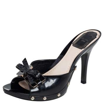 Pre Owned Dior Black Patent Leather Bow Slide Sandals Size 37