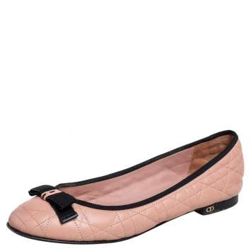 Pre Owned Dior Light Pink/Black Cannage Leather Bow Ballet Flats Size 40