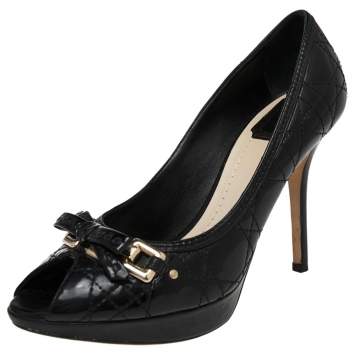 Pre Owned Dior Black Cannage Patent Leather Peep Toe Bow Pumps Size 39