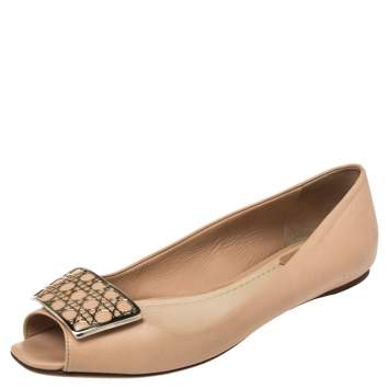 Pre Owned Dior Beige Leather Cannage Plaque Peep Toe Ballet Flats Size 36