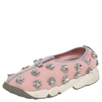 Pre Owned Dior Pink Floral Embellished Mesh Fusion Slip On Sneakers Size 36