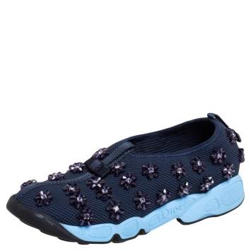 Pre Owned Dior Navy Blue Mesh Fusion Floral Embellished Slip On Sneakers Size 37