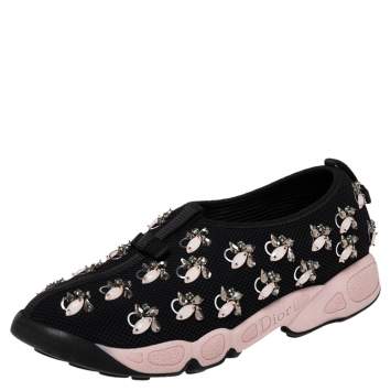 Pre Owned Dior Black/Pink Mesh Fusion Crystal Embellished Sneakers Size 38.5
