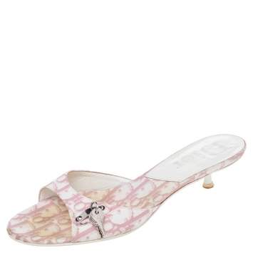 Pre Owned Dior Pink/White Oblique Canvas Padlock Slide Sandals Size 38.5