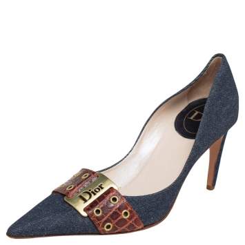 Pre Owned Dior Vintage Blue Denim And Crocodile Leather Buckle Detail Pointed Toe Pumps Size 39