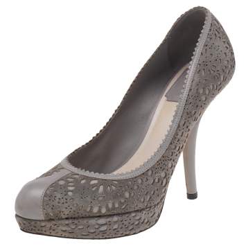Pre Owned Dior Grey Laser Cut Suede and Leather Pumps Size 37.5