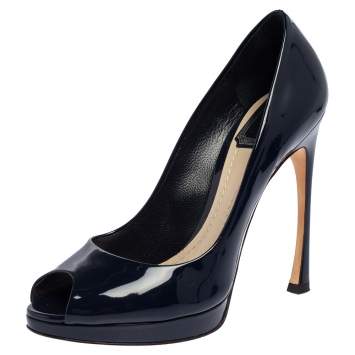 Pre Owned Christian Dior Blue Patent Miss Dior Peep Toe Platform Pumps Size 38