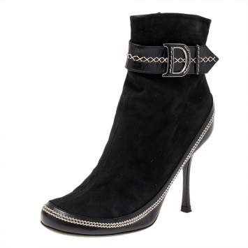 Pre Owned Dior Black Suede And Leather CD Logo Ankle Boots Size 37