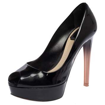 Pre Owned Dior Black Patent Leather Peep Toe Platform Pumps Size 37.5