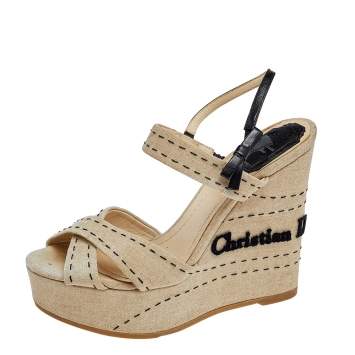 Pre Owned Dior Beige Canvas And Leather Criss Cross Wedge Platform Slingback Sandals Size 37.5