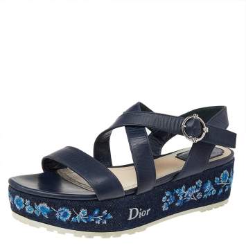 Pre Owned Dior Blue Leather Prairie Embroidered Denim Platform Sandals Size 40