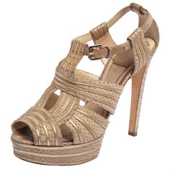 Pre Owned Dior Gold/Beige Python Embossed Leather Peep Toe Ankle Strap Sandals Size 38.5