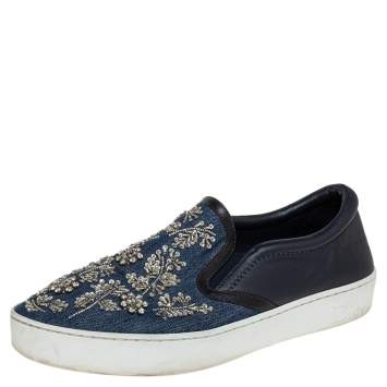 Pre Owned Dior Black/ Blue Denim And Leather Crystal Embellished Slip On Sneakers Size 40