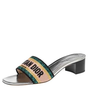 Pre Owned Dior Silver Canvas Embroidered Dway Sandals Size 38.5
