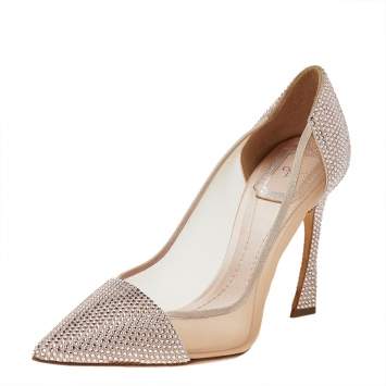 Pre Owned Dior Beige Crystal Embellished Suede And Mesh Pointed Toe Pumps Size 36.5