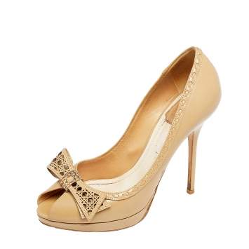 Pre Owned Dior Beige Leather Cannage Bow Peep Toe Pumps Size 38