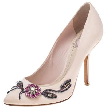 Pre Owned Dior Pink Satin Flower Crystal Embellished Pointed Toe Pumps Size 36.5