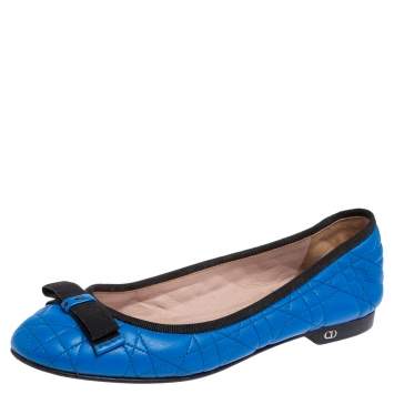 Pre Owned Christian Dior Blue Quilted Cannage Leather My Dior Ballet Flats Size 37.5
