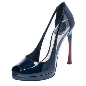 Pre Owned Christian Dior Navy Blue Patent Leather And PVC Diorella Peep Toe Pumps Size 37.5
