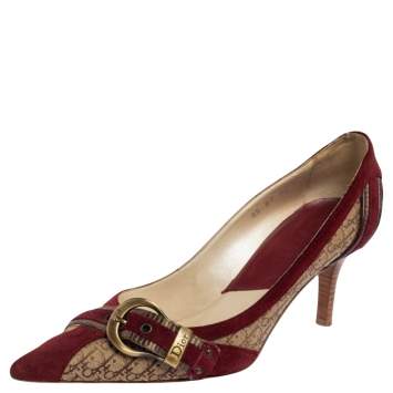 Pre Owned Dior Burgundy/Beige Diorrisimo Canvas and Suede Buckle Pointed Toe Pumps Size 38