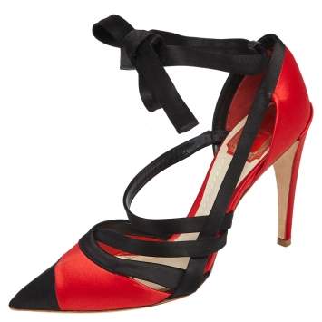 Pre Owned Dior Black/Red Suede Ankle Wrap Pumps Size 38
