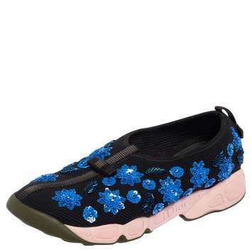 Pre Owned Dior Black Mesh Neoprene Fusion Embellished Low-Top Sneakers Size 39.5