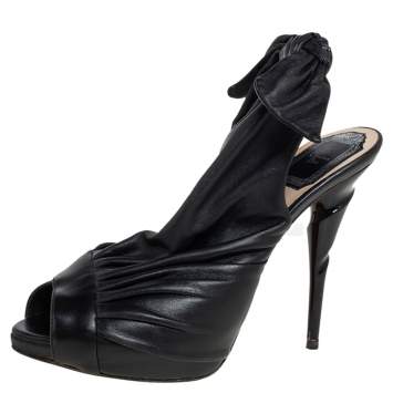 Pre Owned Dior Black Leather Pleated Slingback Peep Toe Sandals Size 36