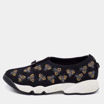 Pre Owned Dior Black Mesh Fusion Bee Embellished Slip On Sneakers Size 37.5