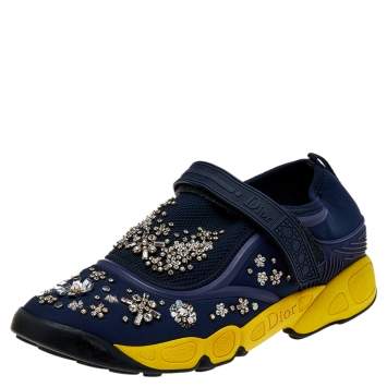Pre Owned Dior Blue/Yellow Mesh And Fabric Fusion Sneakers Size 39