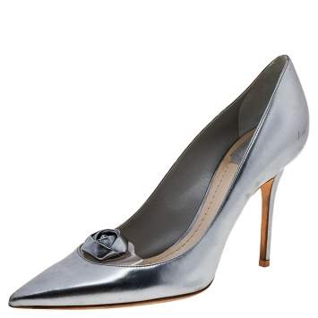 Pre Owned Dior Silver Leather Flower Embellished Pointed Toe Pumps Size 39