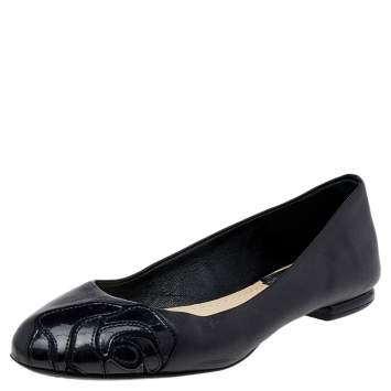 Pre Owned Dior Black Leather Ballet Flats Size 34