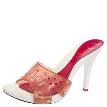 Pre Owned Dior White/Pink Logo Embossed Rubber Clog Sandals Size 36