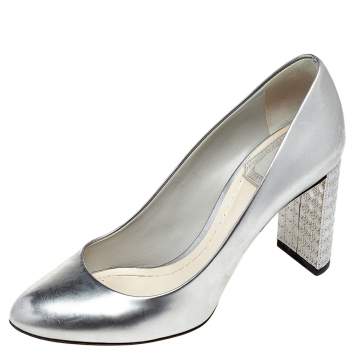 Pre Owned Dior Metallic Silver Leather Microcannage Block Heel Pumps Size 35.5