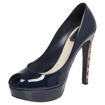 Pre Owned Dior Navy Blue Patent Leather Metal Cannage Heel Peep Toe Platform Pumps Size 39