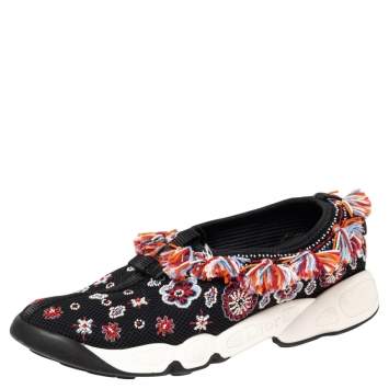 Pre Owned Dior Black Mesh Fusion Floral Embellished Slip On Sneakers Size 38