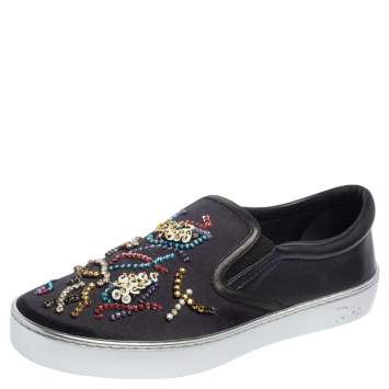 Pre Owned Dior Navy Blue/Black Satin And Leather Crystal Embellished Slip On Sneakers Size 39