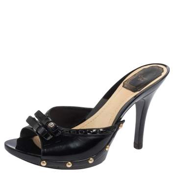 Pre Owned Dior Black Patent Leather Open Toe Bow Clog Sandals Size 37.5