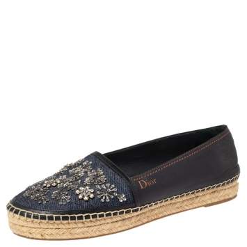 Pre Owned Dior Blue Denim and Leather Embellished Espadrilles Flat Size 39.5