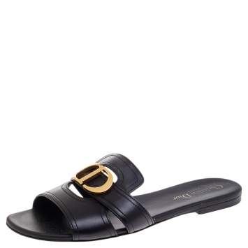 Pre Owned Dior Black Leather Montaigne Slide Sandals Size 39
