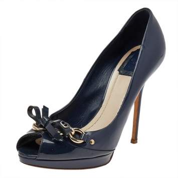 Pre Owned Dior Navy Blue Leather Bow Chain Detail Peep Toe Pumps Size 38.5