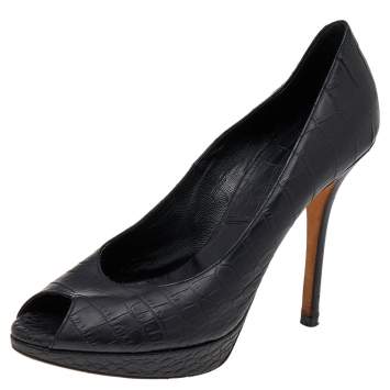 Pre Owned Dior Black Embossed Leather Peep Toe Pumps Size 39.5