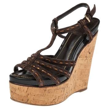 Pre Owned Dior Dark Brown Suede and Patent Leather Antica Wedge Sandals Size 37.5