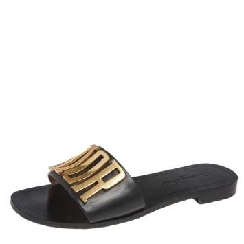 Pre Owned Dior Black Leather Logo Flat Sandals Size 40