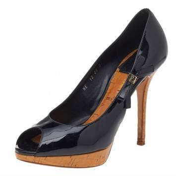 Pre Owned Dior Black Patent Leather Peep Toe Pumps Size 37