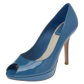 Pre Owned Dior Blue Patent Leather Miss Dior Peep Toe Platform Pumps Size 37