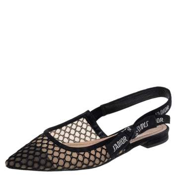 Pre Owned Dior Black Mesh And Fabric Ribbon J'Adior Slingback Flats 36