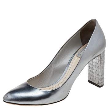 Pre Owned Dior Metallic Grey Patent Leather Cannage Block Heel Pumps Size 37.5