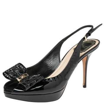 Pre Owned Dior Black Patent Leather Cannage Bow Detail 'Butterfly' Slingback Sandals Size 41