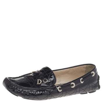 Pre Owned Dior Black Cannage Patent Leather Bow Slip On Loafers Size 36